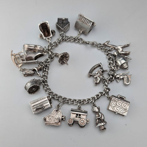 British vintage sterling silver charm bracelet 48g